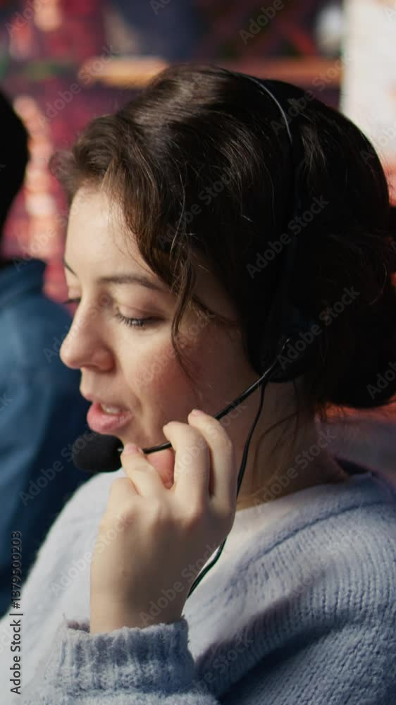 Poster vertical video call center employee handling customer inquiries, complaints and support requests in 