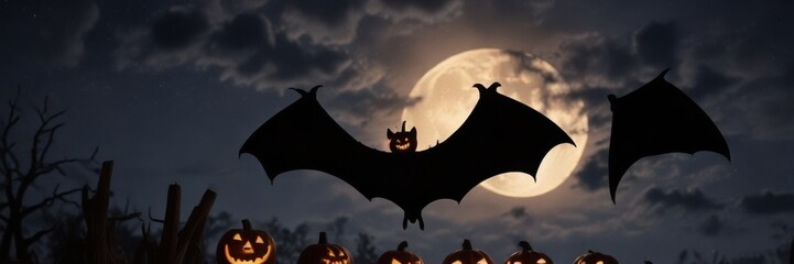 Dark silhouette of a bat's wing against a full moonlit sky with jack o lanterns in background , moon, dark, glow