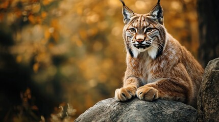 Obraz premium Majestic Lynx Resting on Rock in Autumn Forest Wildlife Portrait