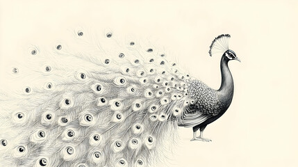 Fototapeta premium A detailed monochrome drawing of a beautiful peacock displayed elegantly
