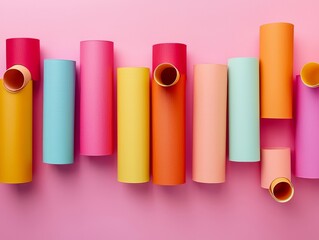 Fototapeta premium Minimalist composition of colorful cylindrical shapes in bold shades, arranged vertically on a pastel pink surface, matte texture finish