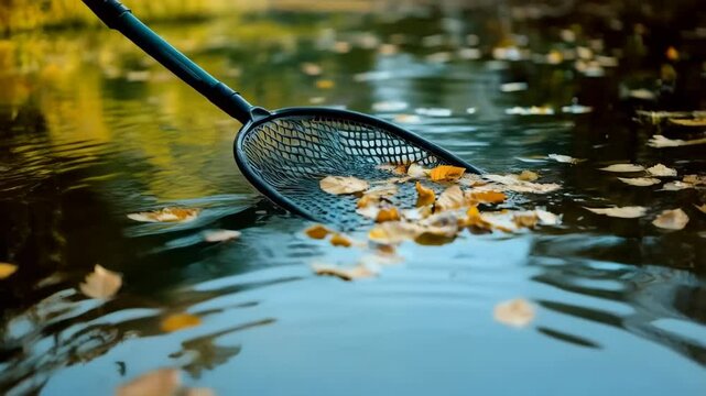 Autumn leaves cleanup net in pond water fall season nature outdoor activity