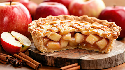 delicious homemade pie with flaky crust filled with sweet apple slices, surrounded by fresh apples and cinnamon sticks, evokes warm, cozy feeling