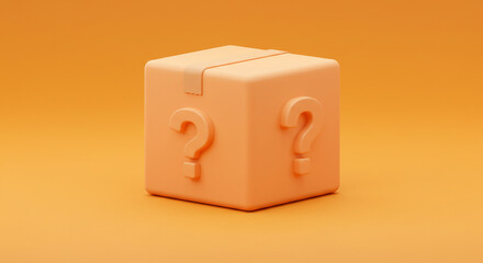A mysterious orange box, sealed with intrigue and marked with question marks, sits on a matching background, promising an exciting unknown.