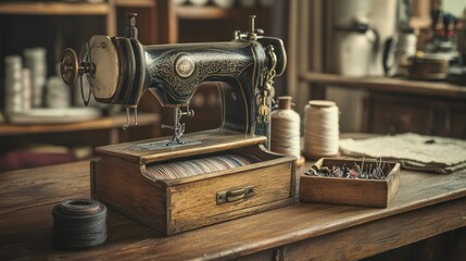 Vintage sewing machine in antique tailor shop