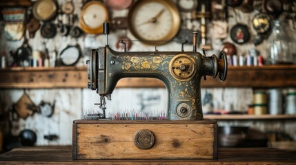 Fototapeta premium Antique sewing machine in a vintage workshop with clocks and tools