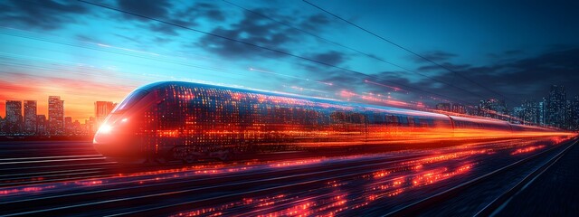 cloud computing with a speeding train on a city background,
