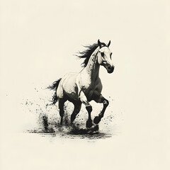 A white horse is running through water in monochrome style