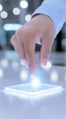 A hand hovers above a glowing, interactive square surface