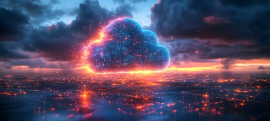 Fototapeta premium cloud computing with a speeding train on a city background,