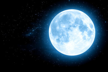 Obraz premium A luminous blue full moon dominates a dark, star-speckled night sky