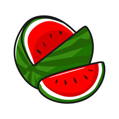 cartoon vector of ripe red watermelon cut, split, open on top