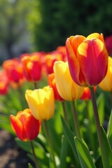 Obraz premium Colorful tulips in a garden, nature, blooming, flowers