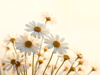 Fototapeta premium A close-up of daisies bathed in warm sunlight, symbolizing purity, peace, and nature. Generative AI