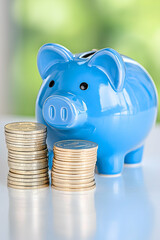 Blue piggy bank with two stacks of coins on a bright surface against a blurred green background