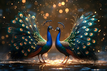 Two peacocks displaying feathers facing each other on reflective surface
