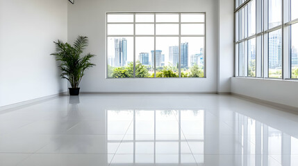 Bright, empty room with large windows offering city view and shiny floor