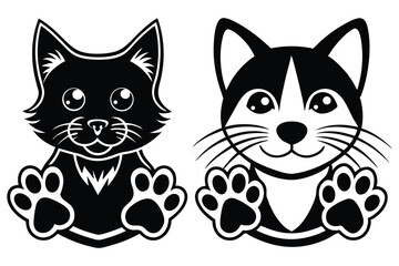 Fototapeta premium Cat and Dog Face Silhouettes with Paw Prints: Black Vector Illustrations