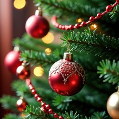 Colorful ornaments and garlands adorn a festive Christmas tree with a hanging ball decoration, garland, holiday lights, tree branch