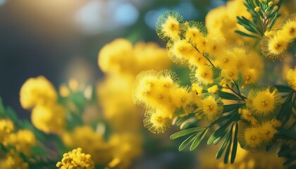 Golden wattle blossoms close up with out of focus background. Generated image