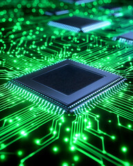 Close-up of a central processing unit on a circuit board, glowing green