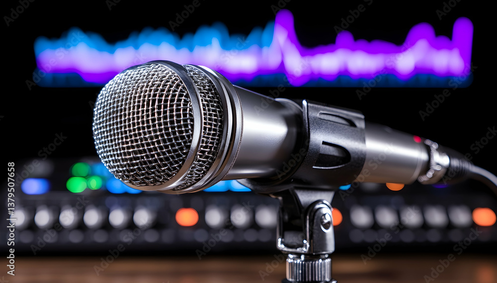 Poster close-up of a microphone on a stand before an audio interface with a waveform display