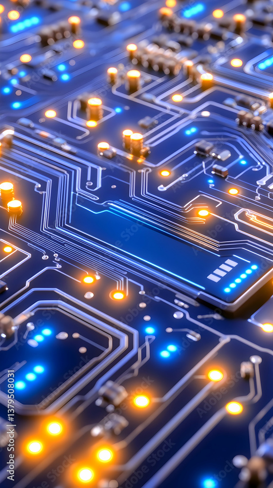 Poster close-up of illuminated circuit board, showcasing intricate pathways and glowing components