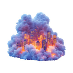 A Fluffy 3D Cartoon Cityscape with Glowing Lights and Cloud Isolated on Transparent Background
