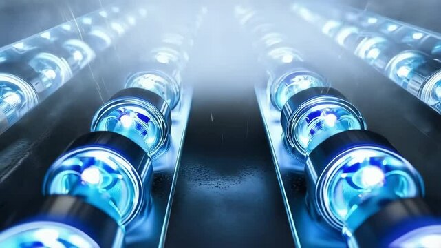 Rows of Bright Blue UV Light Tubes in Industrial Setting Sterilization Technology