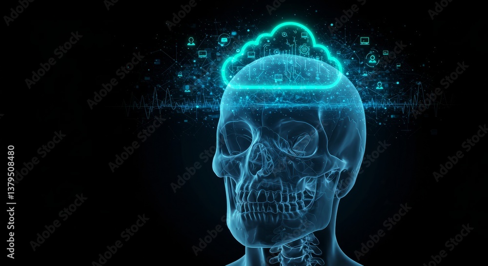 Poster abstract digital skull with glowing light cloud data network concept
