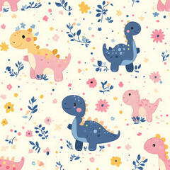 Naklejka premium A playful pattern featuring colorful cartoon dinosaurs among flowers and foliage.