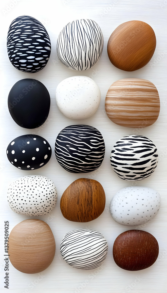 Aufkleber collection of smooth stones with various patterns and colors arranged on a white background