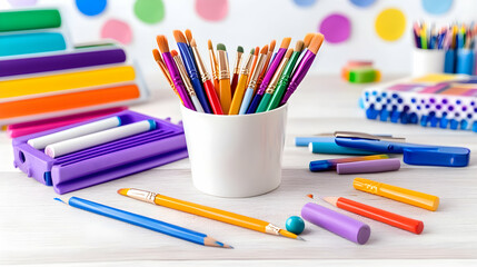 Colorful art supplies arranged on a white desk