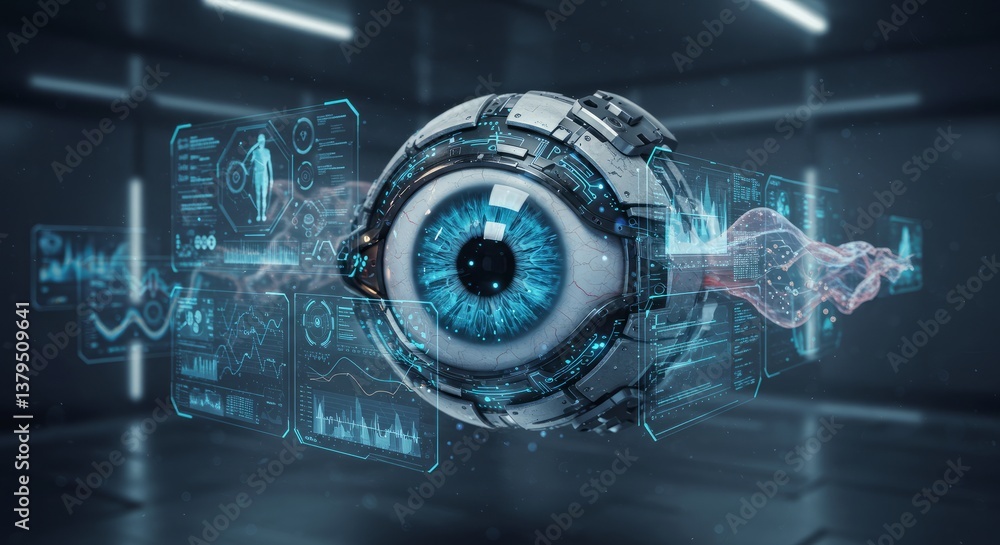 Poster futuristic digital eye with data visualization in a dark setting