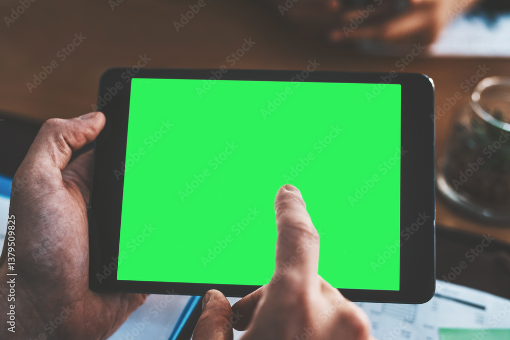 Poster business person, hands and tablet with green screen for advertising, marketing or browsing web at of