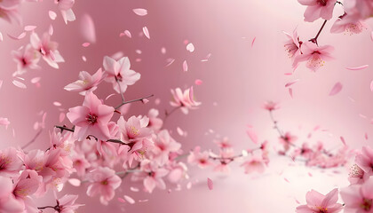Fototapeta premium A serene depiction of pink cherry blossoms against a soft pink background.