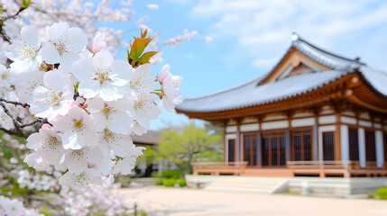 Delicate cherry blossoms in full bloom near a traditional Asian temple under a bright blue sky