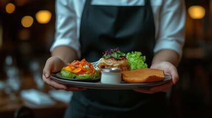 Waitress holding out a platter of food, with the focus sharp