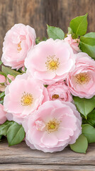 Delicate pink roses bouquet on rustic wood