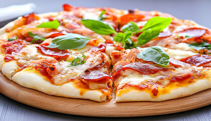 Delicious pepperoni and ham pizza with basil on wooden board