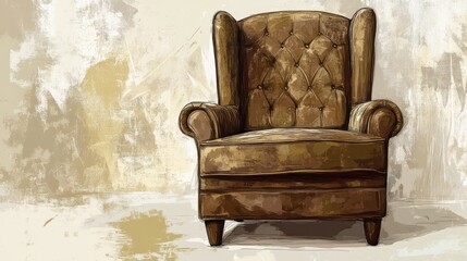 Vintage brown armchair, textured wall, interior design, advertisement