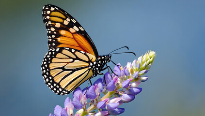 Fototapeta premium Monarch Butterfly on Purple Lupine, Soft Focus Background