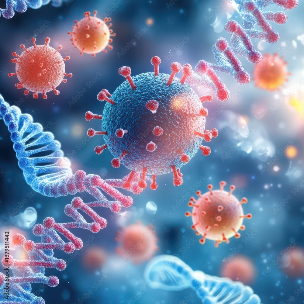 Poster exploring viral classification through genetic structures in science digital art microbiology labora
