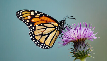 Obraz premium Monarch Butterfly on Thistle Flower, Soft Blue Background