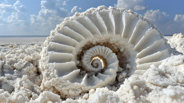 White Salt Spiral Sculpture on Desert Sand Under Blue Sky