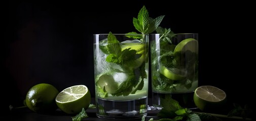 Refreshing beverages filled with fresh mint, lime, and ice, beautifully presented against a dark backdrop, perfect for a summer refreshment.