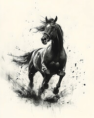 A powerful black horse galloping with artistic ink splatters