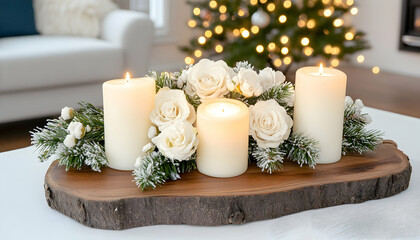 Festive centerpiece three candles, white roses, snowy greenery on wood slice