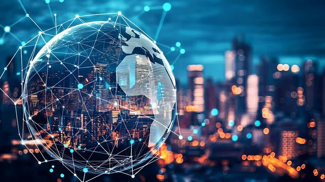 City is connected to the world. View of city from above. A building with a microcircuit in the sky at sunset. The city is linked to lifestyle the globe.