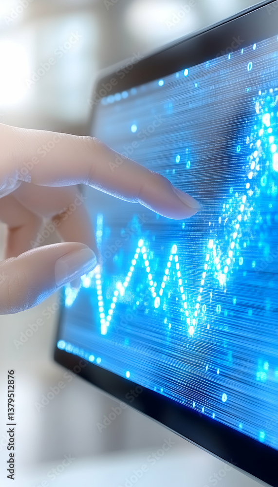 Poster finger interacting with upward trending data graph on a digital screen
